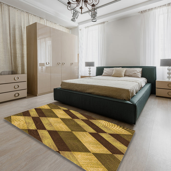 Patterned Dark Bronze Brown Rug in a Bedroom, pat3637org