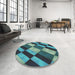 Round Patterned Dark Blue Grey Blue Novelty Rug in a Office, pat3637