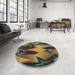 Round Machine Washable Transitional Brass Green Rug in a Office, wshpat3649