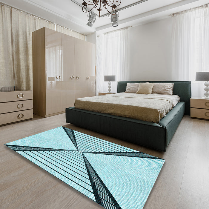 Patterned Deep-Sea Green Rug in a Bedroom, pat3656lblu