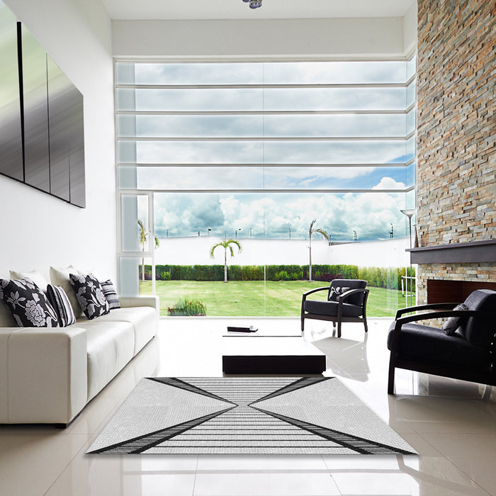 Square Patterned Gray Novelty Rug in a Living Room, pat3656