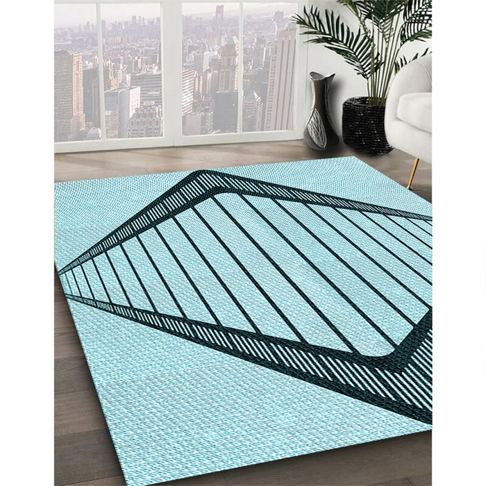 Patterned Deep-Sea Green Rug in Family Room, pat3657lblu