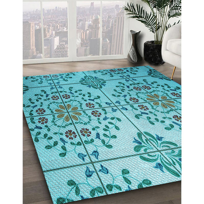 Machine Washable Transitional Light Sea Green Rug in a Family Room, wshpat3663lblu
