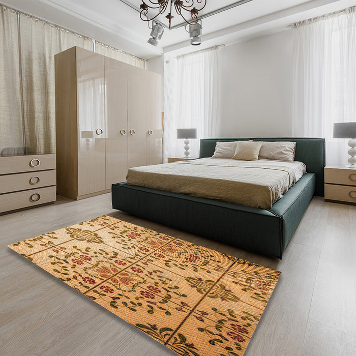 Patterned Yellow Orange Rug in a Bedroom, pat3663org