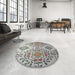 Round Machine Washable Transitional Carbon Gray Rug in a Office, wshpat3663