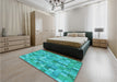 Patterned Bright Cyan Blue Rug in a Bedroom, pat3668lblu