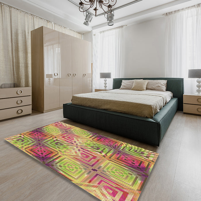 Patterned Metallic Gold Rug in a Bedroom, pat3672brn