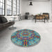 Round Machine Washable Transitional Blue Green Rug in a Office, wshpat3675
