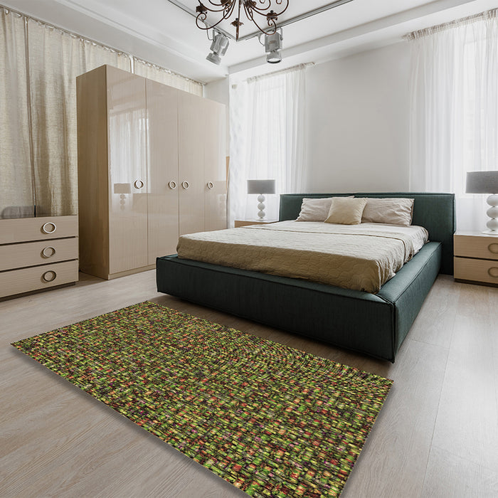 Patterned Dark Yellow Green Rug in a Bedroom, pat3676brn