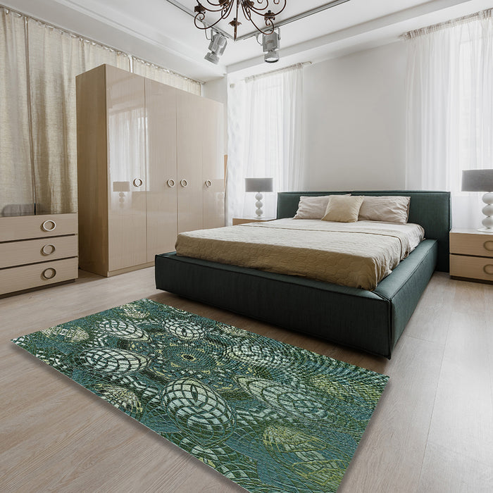 Patterned Dark Forest Green Modern Rug in a Bedroom, pat3679
