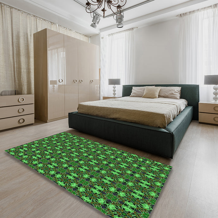 Patterned Dark Forest Green Rug in a Bedroom, pat3683grn