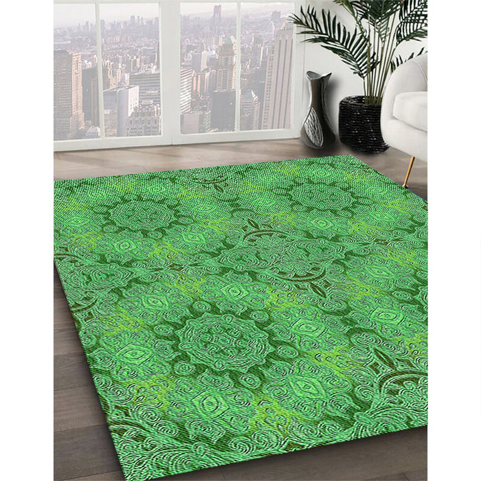 Patterned Neon Green Rug in Family Room, pat3685grn
