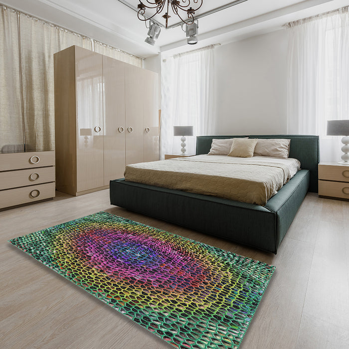Patterned Green Novelty Rug in a Bedroom, pat3686