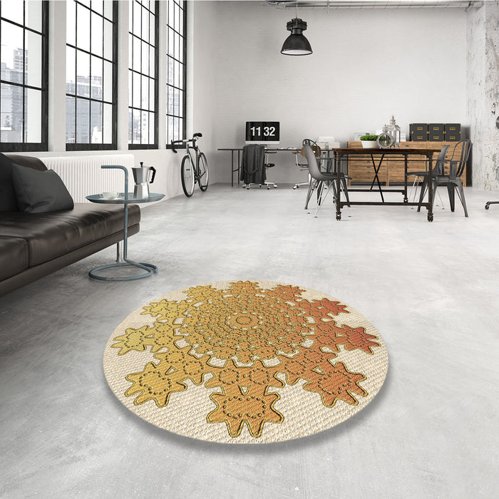 Round Patterned Brown Gold Rug in a Office, pat3688brn