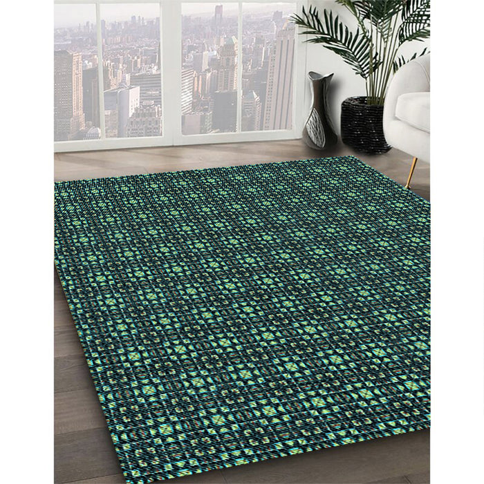 Patterned Dark Slate Grey Green Rug in Family Room, pat3689lblu