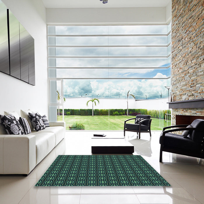 Square Patterned Dark Slate Grey Green Rug in a Living Room, pat3689lblu