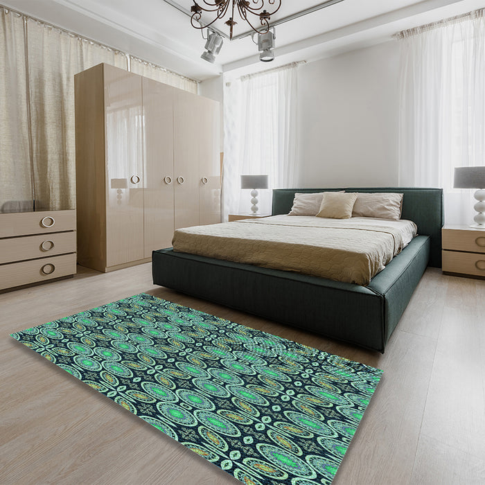 Patterned Deep-Sea Blue Rug in a Bedroom, pat3691lblu