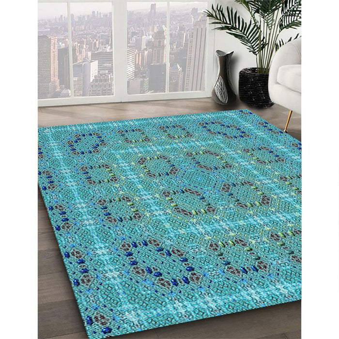 Patterned Dark Cyan Green Rug in Family Room, pat3694lblu