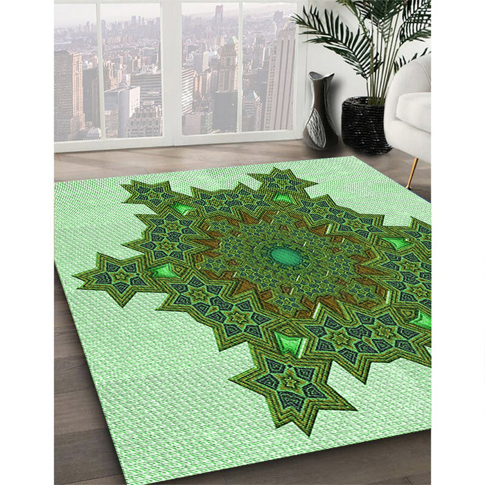 Patterned Light Green Rug in Family Room, pat3701grn