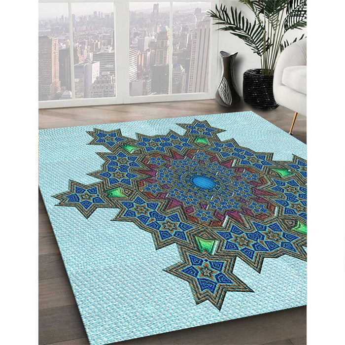 Patterned Green Rug in Family Room, pat3701lblu