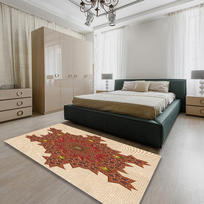Patterned Mahogany Brown Rug in a Bedroom, pat3701org