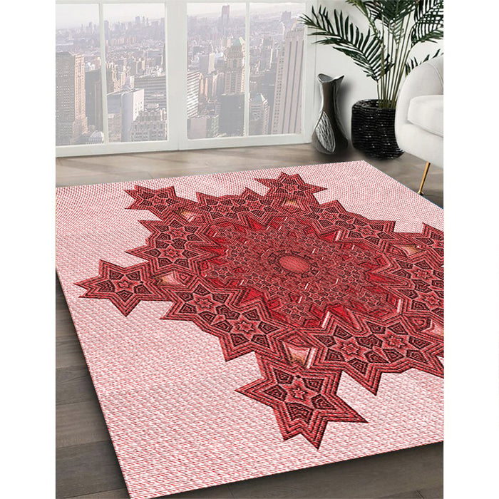 Patterned Red Rug in Family Room, pat3701rd