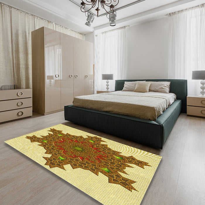 Round Machine Washable Transitional Dark Bisque Brown Rug in a Office, wshpat3701yw