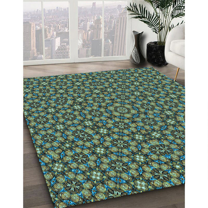 Patterned Army Green Rug in Family Room, pat3703lblu