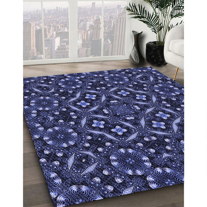 Patterned Night Blue Rug in Family Room, pat3705blu