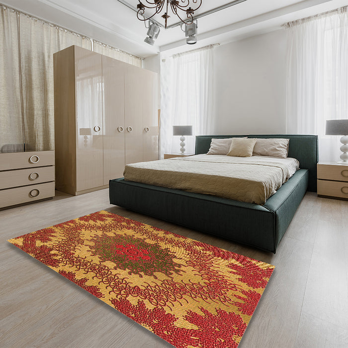 Patterned Tomato Red Rug in a Bedroom, pat3707org