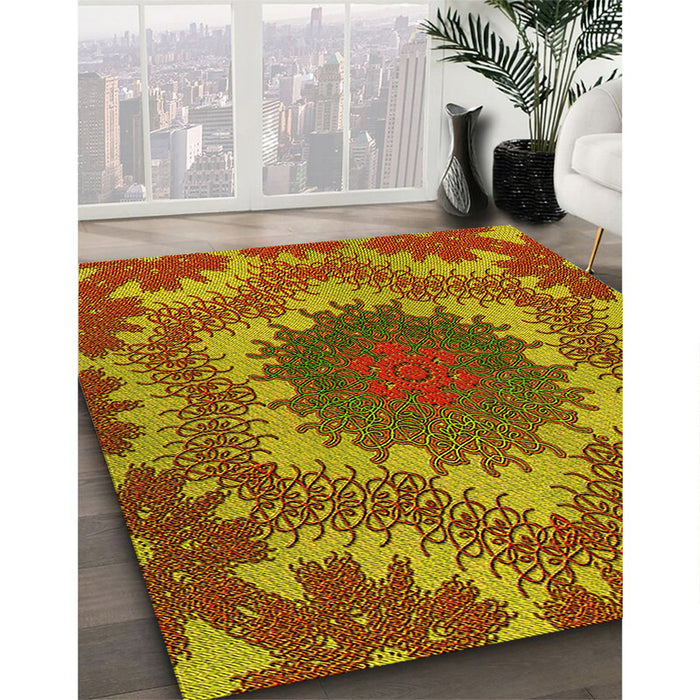 Patterned Orange Gold Rug in Family Room, pat3707yw