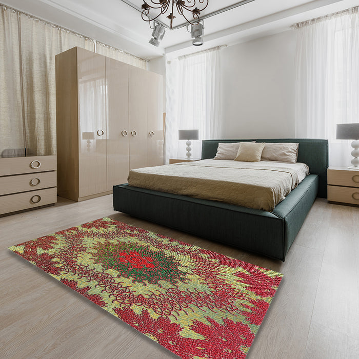 Patterned Copper Green Novelty Rug in a Bedroom, pat3707