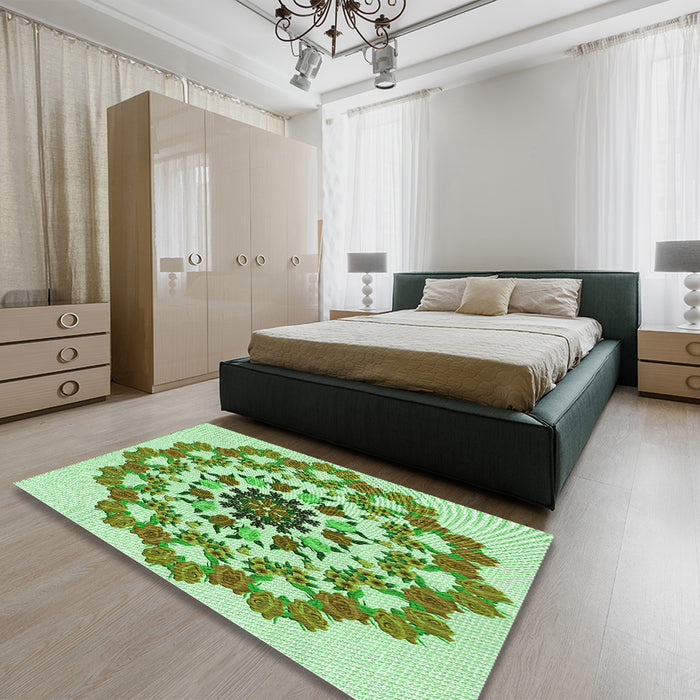 Patterned Light Green Rug in a Bedroom, pat3708grn