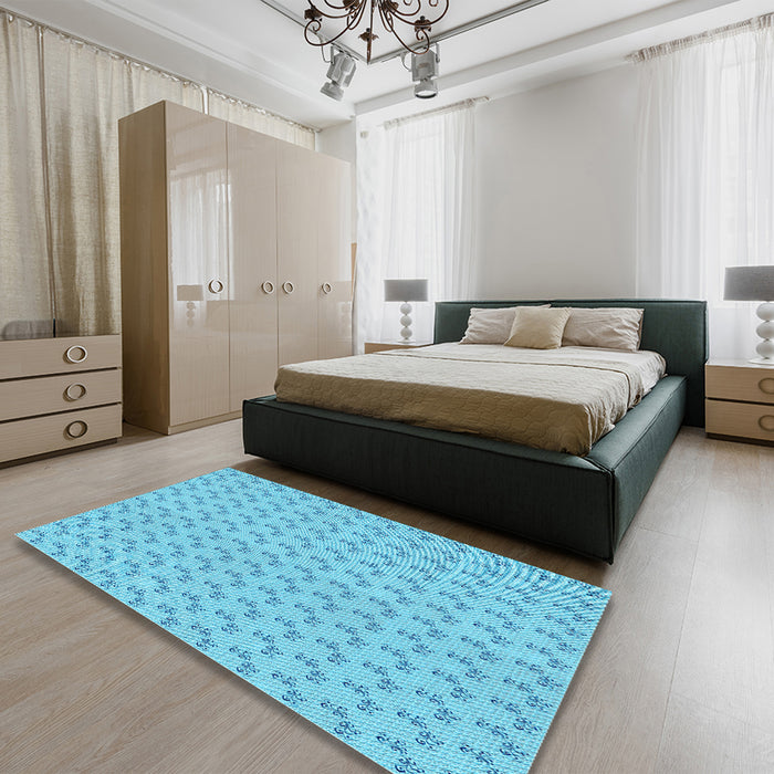Patterned Deep Sky Blue Rug in a Bedroom, pat371lblu