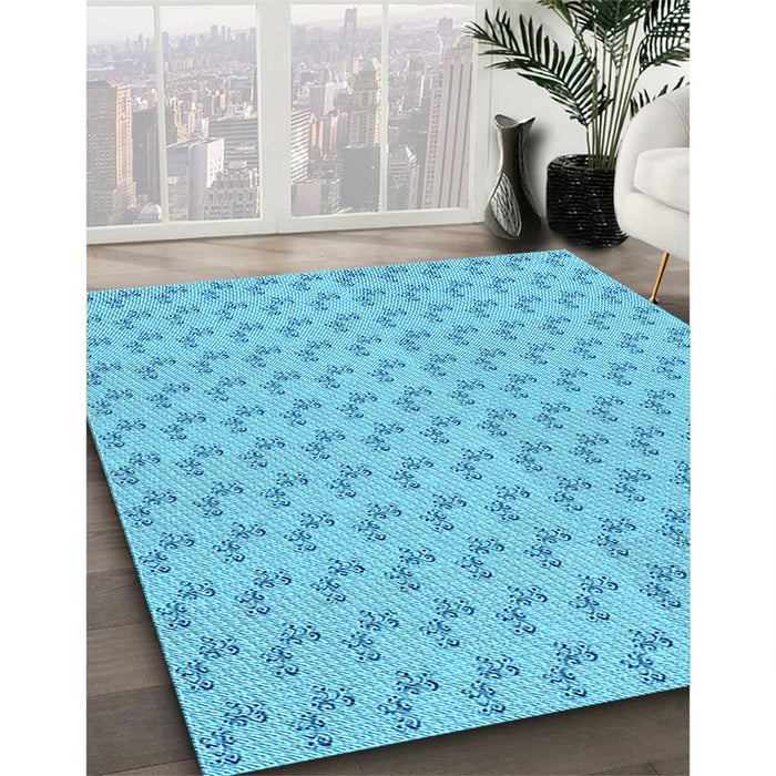 Patterned Deep Sky Blue Rug in Family Room, pat371lblu