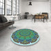 Round Patterned Deep-Sea Green Rug in a Office, pat3711lblu