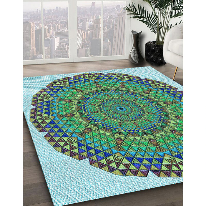 Patterned Deep-Sea Green Rug in Family Room, pat3711lblu