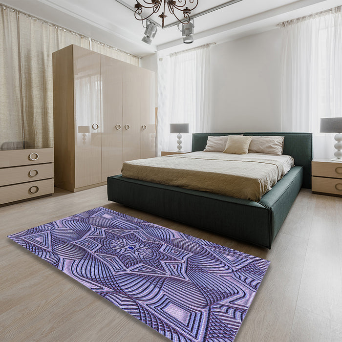 Patterned Purple Mimosa Purple Rug in a Bedroom, pat3714blu