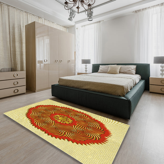 Patterned Mahogany Brown Rug in a Bedroom, pat3716yw
