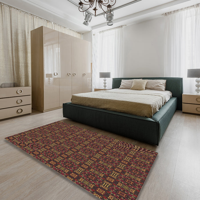 Patterned Sienna Brown Rug in a Bedroom, pat3717brn