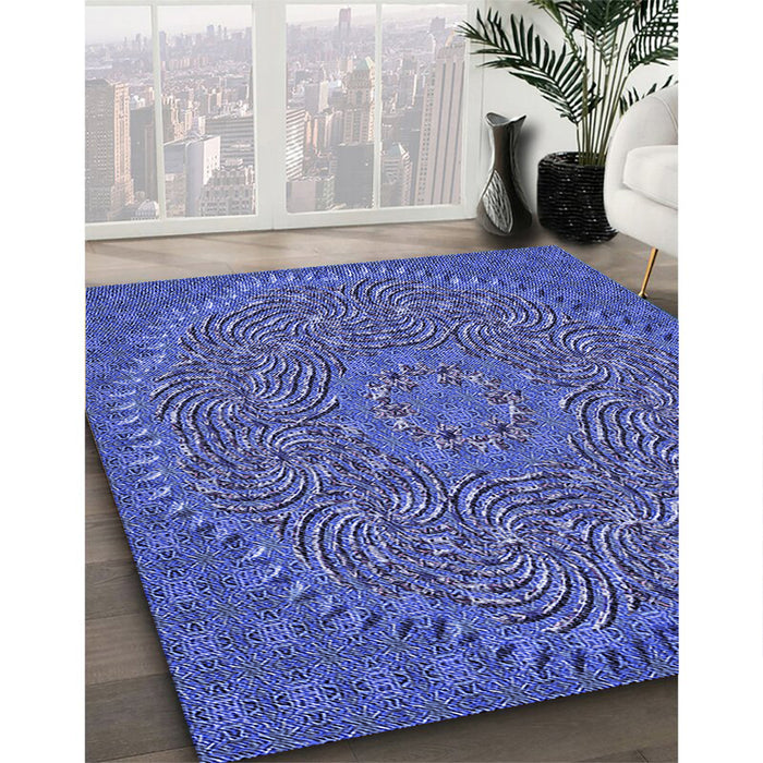 Patterned Sky Blue Rug in Family Room, pat3718blu