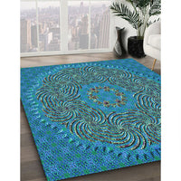 Patterned Dark Turquoise Green Rug, pat3718lblu