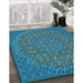 Patterned Dark Turquoise Green Rug in Family Room, pat3718lblu