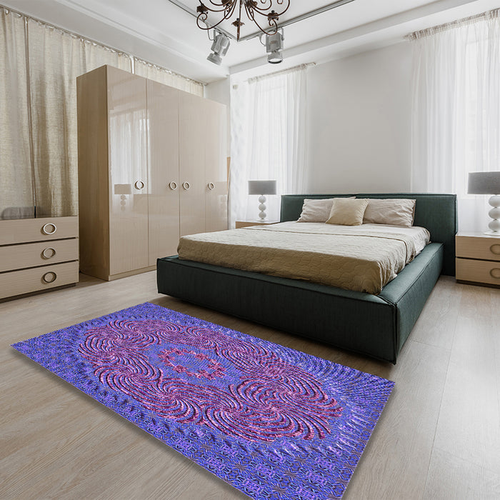 Patterned Bright Purple Rug in a Bedroom, pat3718pur