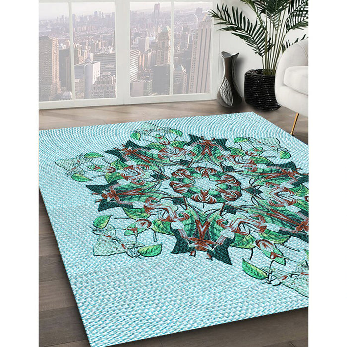 Patterned Light Aquamarine Green Rug in Family Room, pat3719lblu