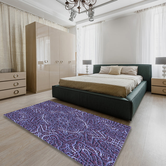 Patterned Plum Purple Rug in a Bedroom, pat3721blu