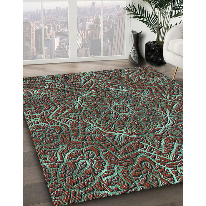 Patterned Dull-Sea Green Rug in Family Room, pat3721lblu