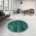 Round Patterned Dark Cyan Green Rug in a Office, pat3725lblu