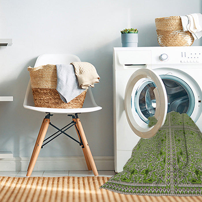 Patterned Dark Olive Green Abstract Machine Washable Rug in a Washing Machine, wshpat3728