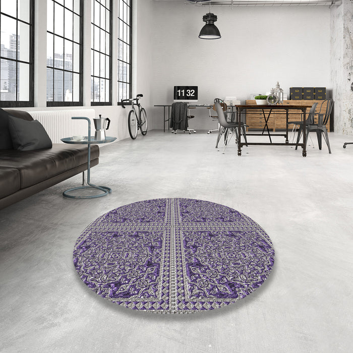 Round Patterned Purple Abstract Machine Washable Rug in a Office, wshpat3729